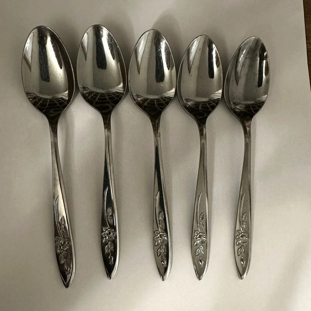 Koba Japanese Stainless Steel Teaspoons Set of 7 Single Rose Pattern 6 inch